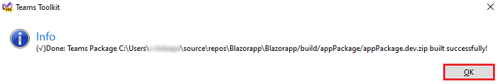 Screenshot of Teams Toolkit with OK option highlighted in red.
