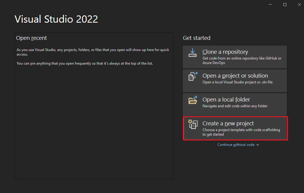 Screenshot of Visual Studio with Create a new project option highlighted in red for Blazor app.