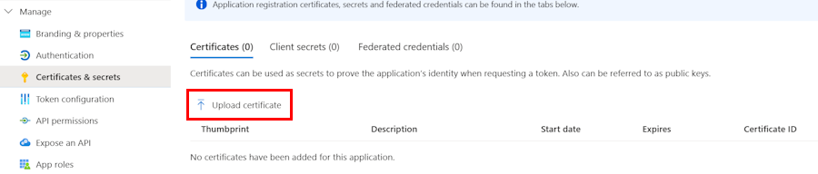 Screenshot shows the certificates and secrets option.