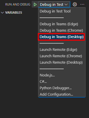 Screenshot shows the option to select debug in Teams (Desktop).