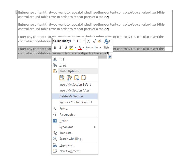 Repeating section content control context