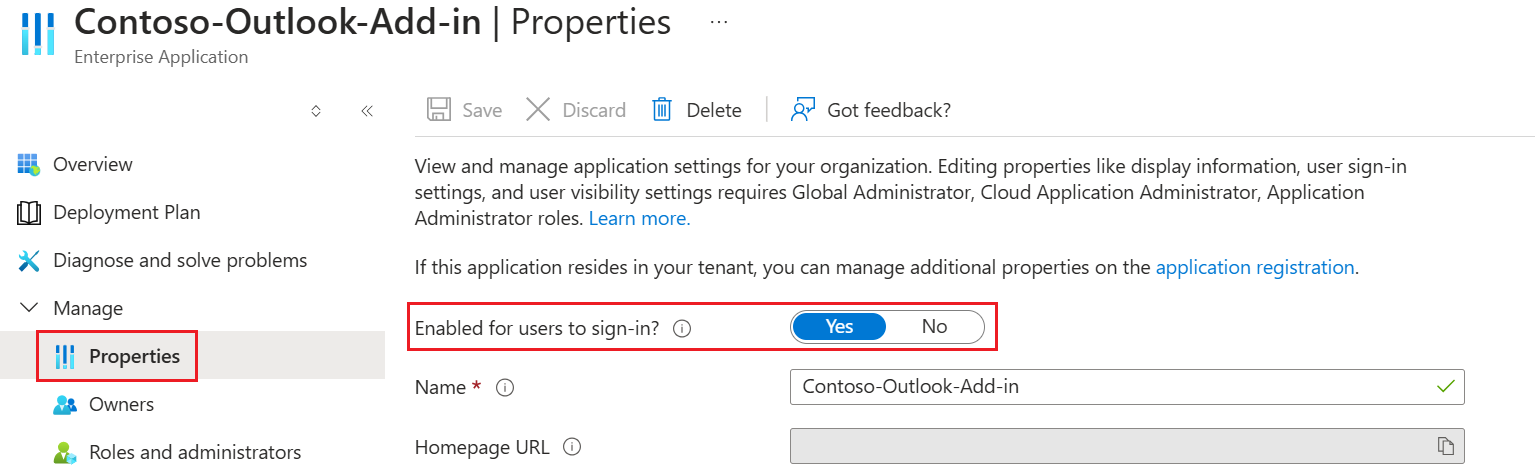 The option to allow users in the organization to sign-in to an application in the Properties window.