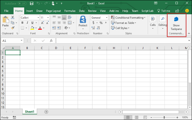 The Excel Home menu, with the Show Taskpane button highlighted.