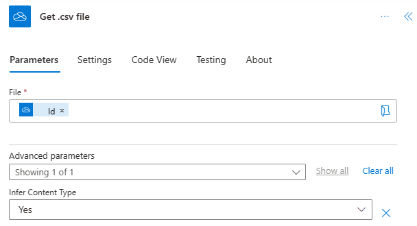 The completed Get .csv file action in the action task pane.