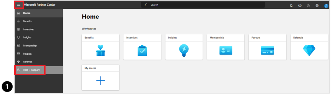 Screenshot of the Partner Center Home screen, with Help + Support selected.