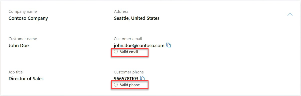 Screenshot that shows a marketplace offer lead in Partner Center with highlighted indicators that the phone number and email address are valid.