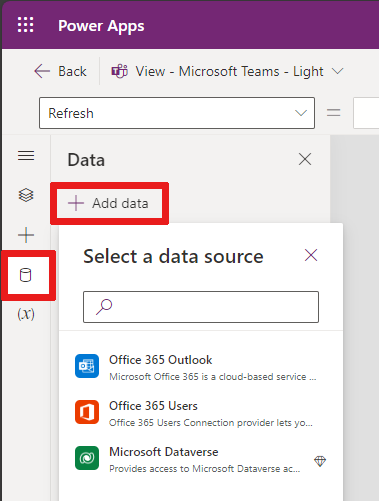 Skærmbillede af kortdesigneren med visning af Dataverse-connectorer.