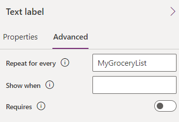 Skærmbillede af ruden med avancerede egenskaber for en tekstetiket med MyGroceryList i ruden Gentag for alle egenskaber.