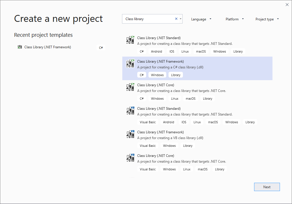 Searching for class library (.NET Framework).