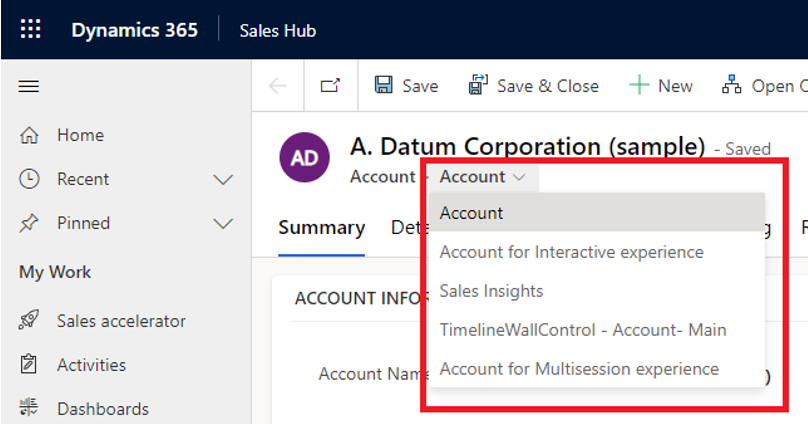 Expanded form selector, showing different forms available