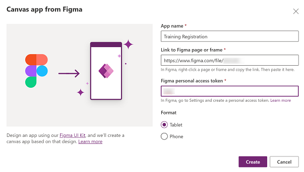 Dialogboksen Opret app med appens navn, Figma URL og personlige oplysninger adgangstoken oprettet.