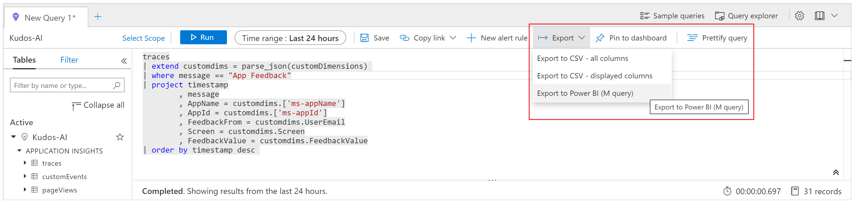 Eksportér Power BI-forespørgsel.