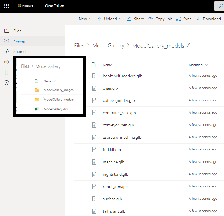 Et skærmbillede af OneDrive, der viser Excel-projektmappen ModelGallery og de tilhørende 3D-modelfiler.