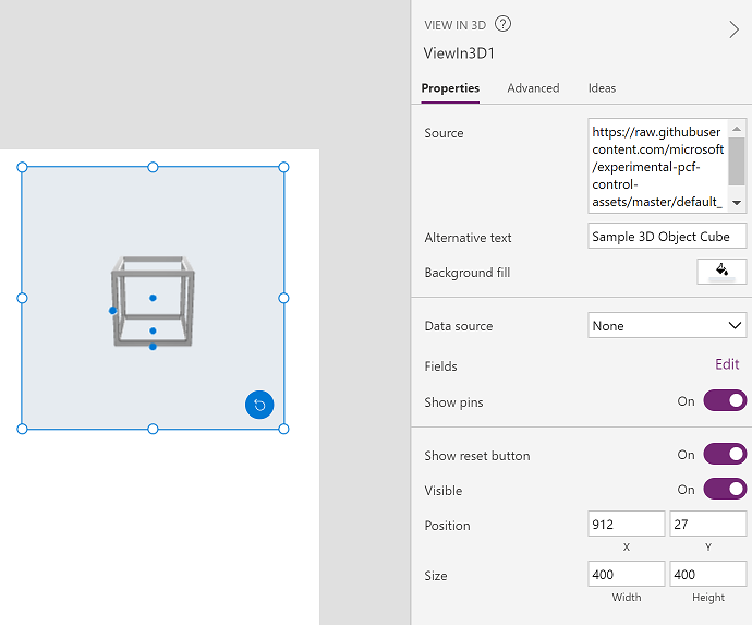 Et 3D-indholdskontrolelement vises ud for fanen Egenskaber i Power Apps Studio.