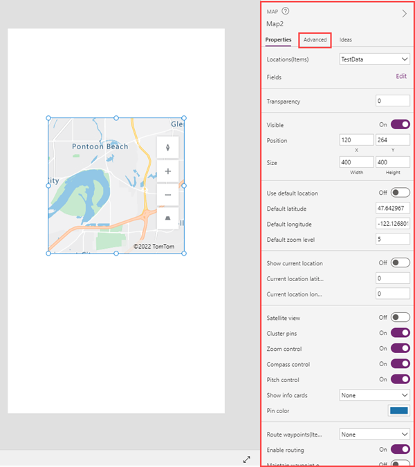 Et skærmbillede af en telefonapp, hvor der vises et kortkontrolelement ud for fanen Egenskaber i Microsoft Power Apps Studio.