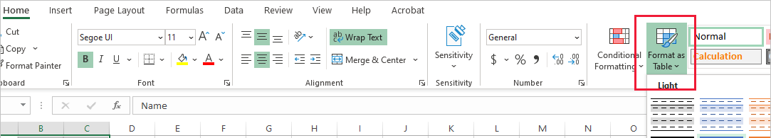 Skærmbillede, hvor indstillingen for formatering som tabel er fremhævet i Excel.