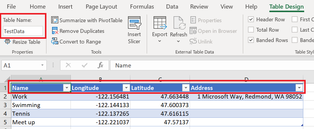 Eksempel på Excel-regneark med en tabel, der hedder TestData, som indeholder oplysninger, der skal bruges til at anbringe rutepunktnåle på et kort.