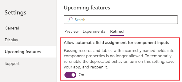 Indstillingen Tillad automatisk felttildeling for komponentinput.