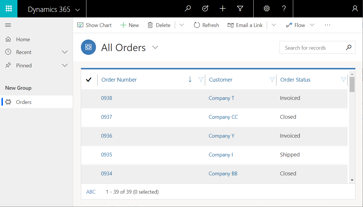 liste over ordrer i den modelbaserede Northwind-app.