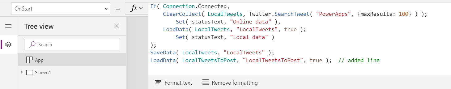 Kør formel for at indlæse tweets med en ikke-kommenteret linje.