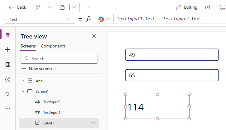 Illustration af Power Apps, der genberegner summen af to tal.