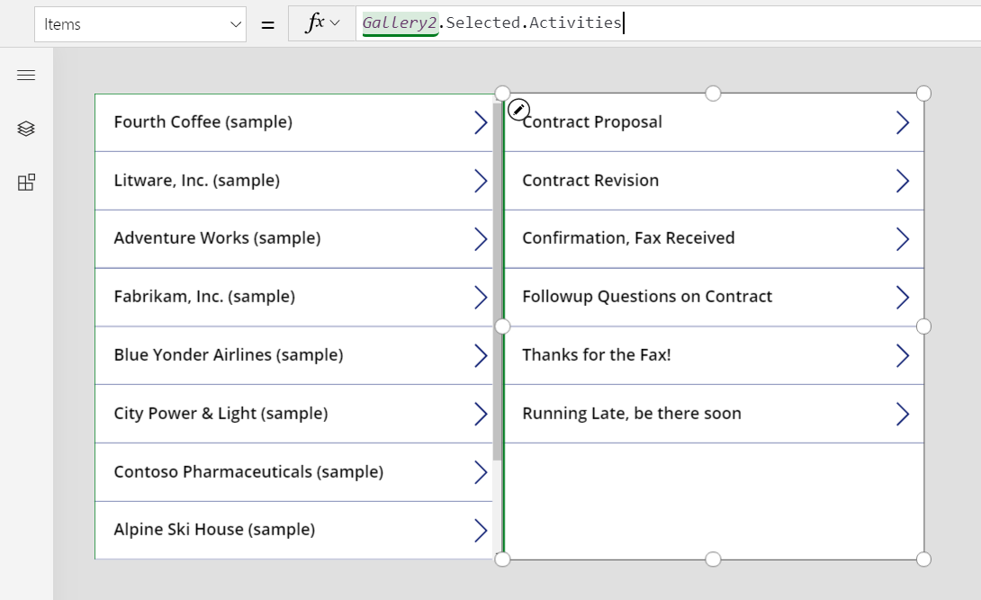 Ændring af egenskaben Items i det andet galleri fra faxer til aktiviteter.