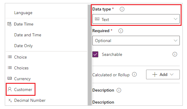 Kundedatatype på listen over datatyper under oprettelse af en kolonne.