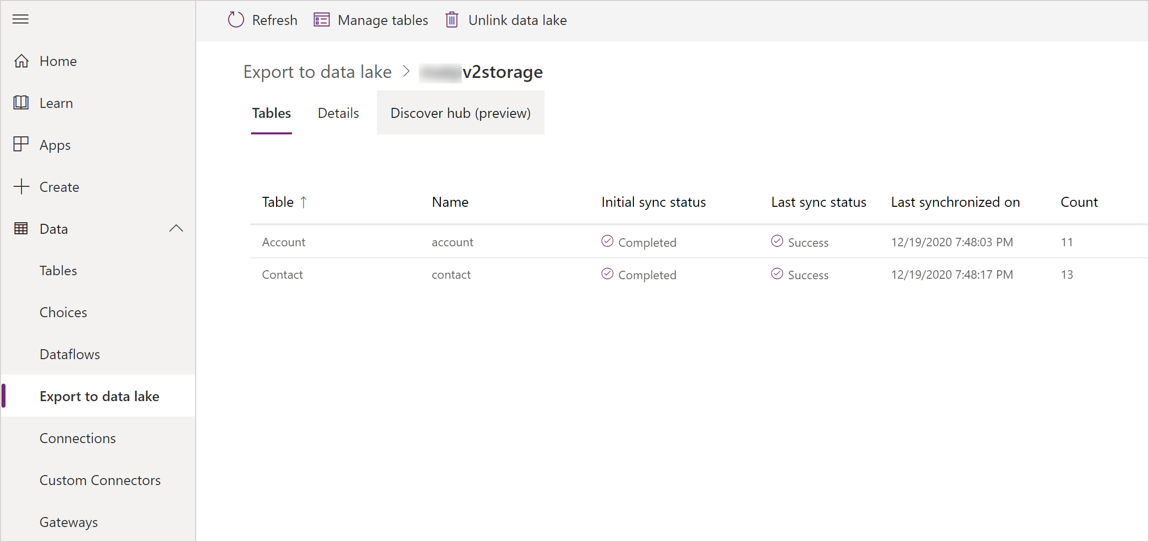 Importerede Azure Synapse Link for Dataverse-tabeller.