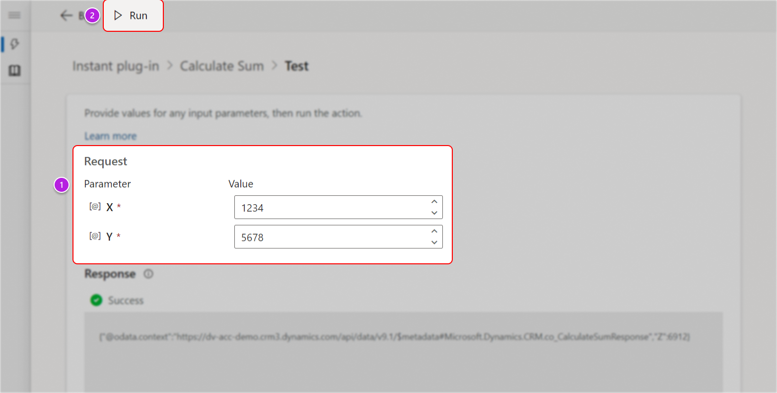 Vælg Kør for at teste low-code-plug-in