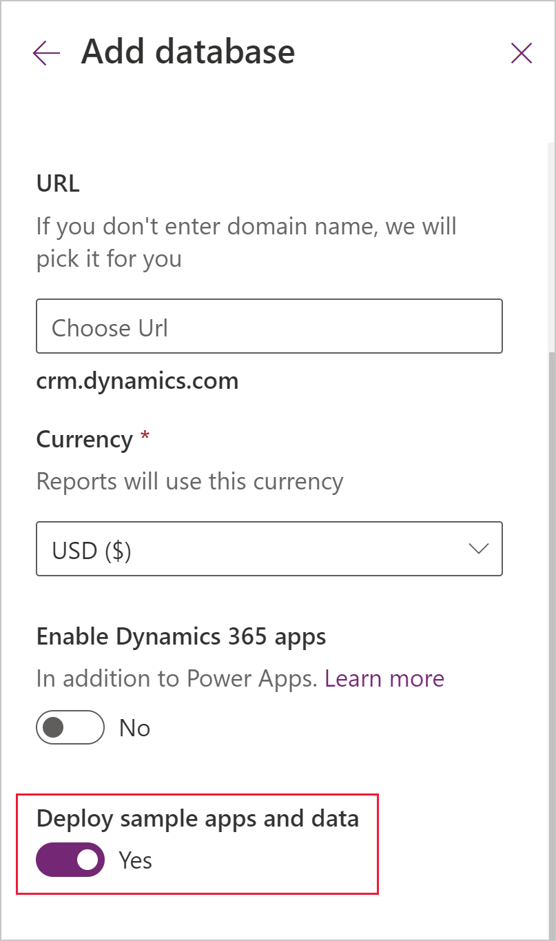 Deploy sample apps and data setting when creating a Dataverse database