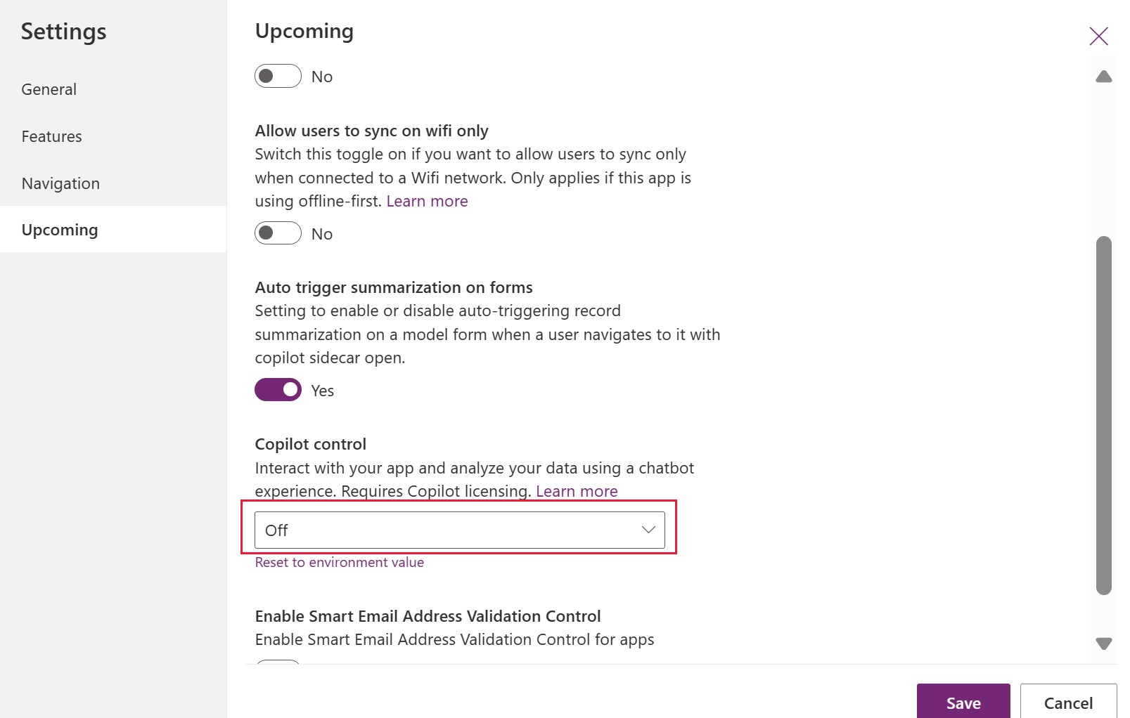 Skærmbillede, der viser, hvordan du slår copilot fra i en modelbaseret app.