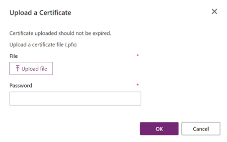 Upload en certifikatdialogboks med knappen Upload fil og adgangskodefelt.