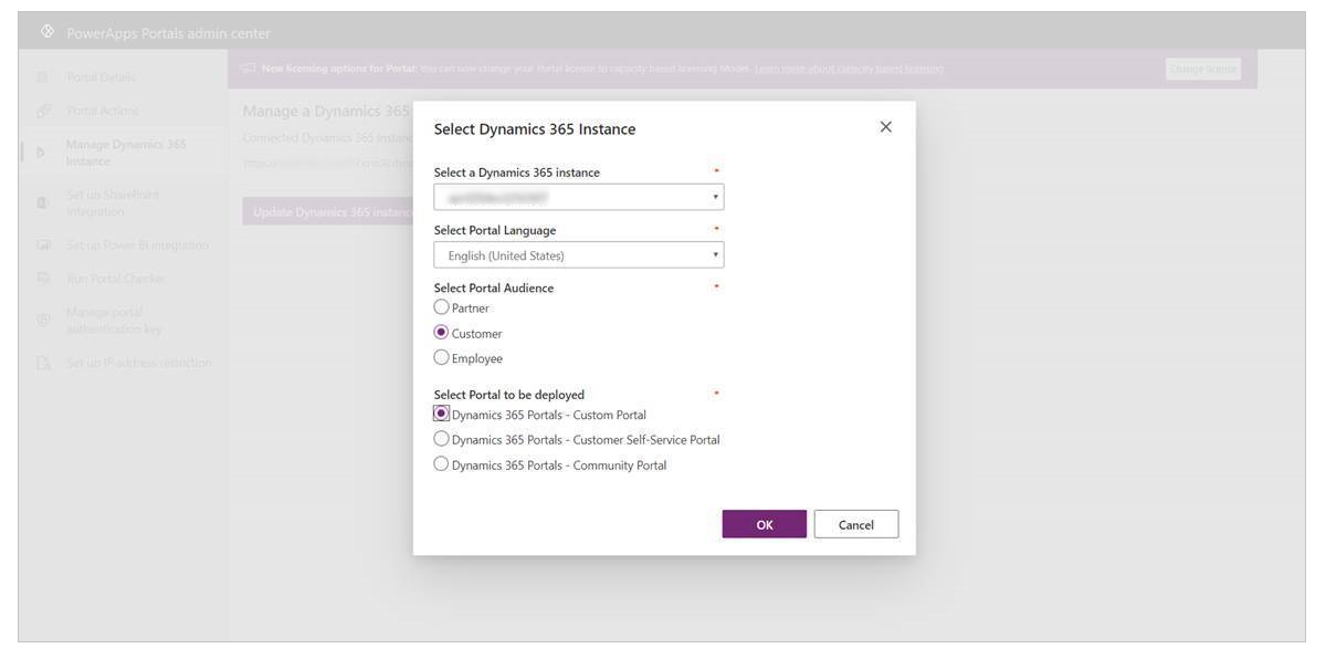 Vælg din Dynamics 365-forekomst.