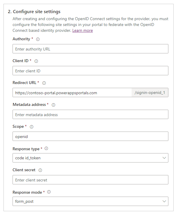 Konfigurer indstillinger for OpenID Connect-websted.