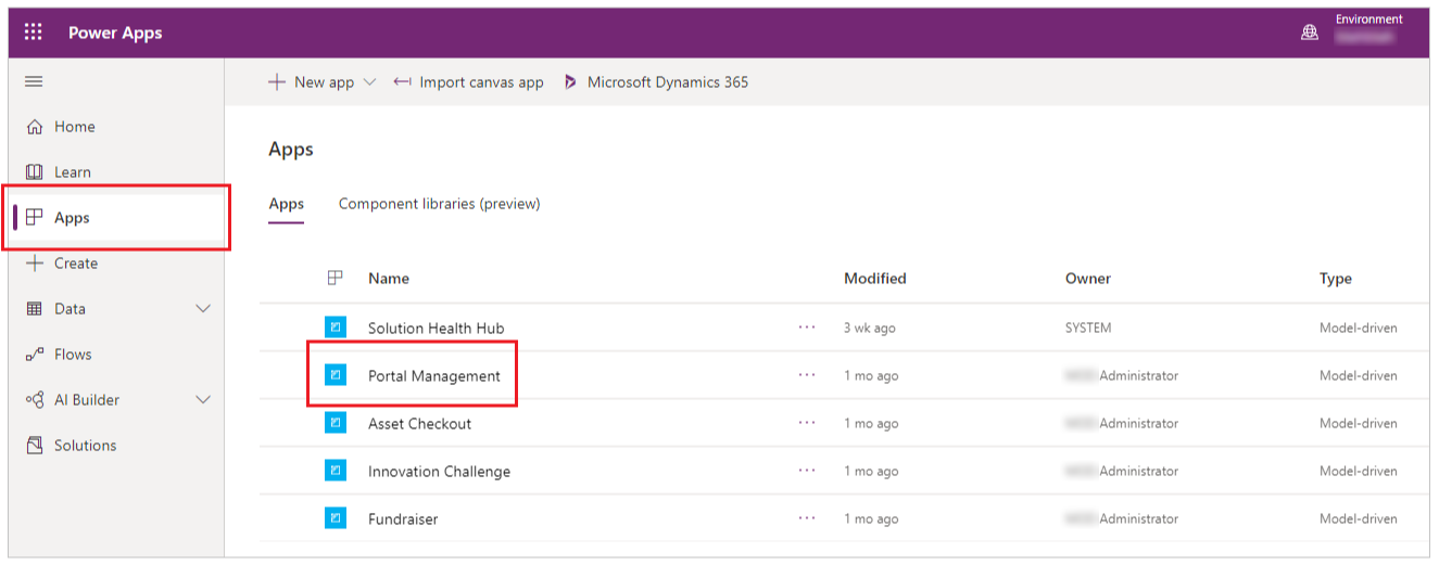 Menuvalget Apps med Power Apps, hvor appen Portaladministration er valgt.