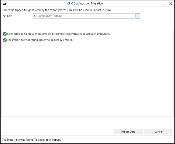 Status for import af konfigurationsdata.