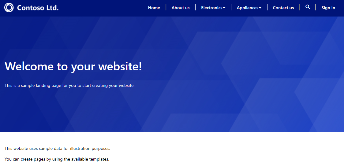 Et skærmbillede af en forhåndsversion af et websted for Conteso Ltd. Der vises en meddelelse nederst, hvor der står: Dette websted bruger eksempeldata til illustrationsformål. Du kan oprette sider ved hjælp af de tilgængelige skabeloner.