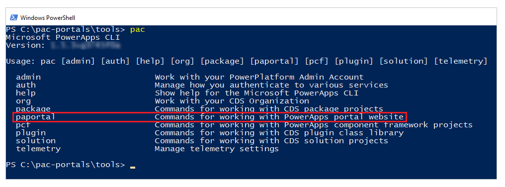 Bekræft paportalkommando i Microsoft Power Platform CLI.