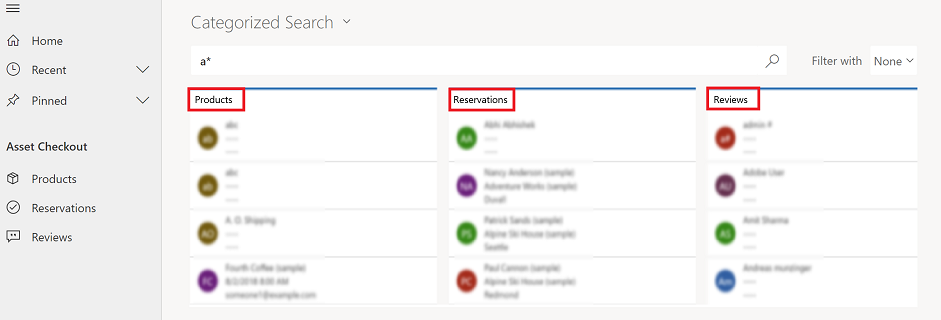 Kategoriserede søgeresultater.