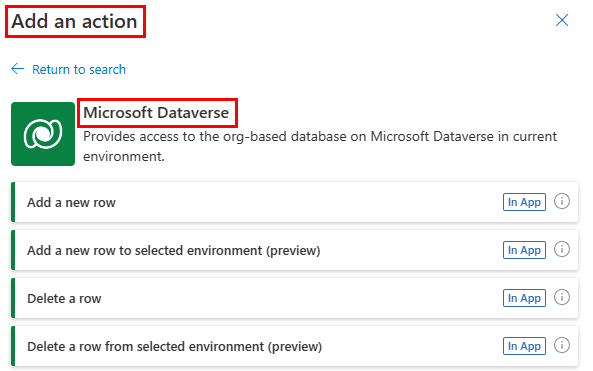 Skærmbillede af Microsoft Dataverse connector-handlingerne, herunder de nye handlinger for Tilføjelse af en ny række i det valgte miljø (forhåndsversion), og Slet en række fra det valgte miljø (forhåndsversion).