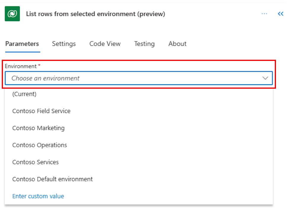 Skærmbillede af listerækkerne fra den valgte miljøhandling (forhåndsversionshandling) i Microsoft Dataverse-connector med parameteren Miljø, der bruges til enten at vælge det aktuelle miljø eller et andet miljø, eller til at angive en brugerdefineret værdi for miljøet.