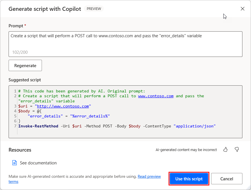 Skærmbillede af brug af dette script til PowerShell-handling, hvor prompt-dialogboksen er åben