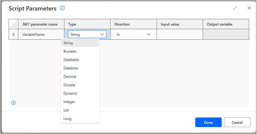 Skærmbillede af vinduet Scriptparametre i handlingen Kør .NET-script, hvor variabeltypen angives