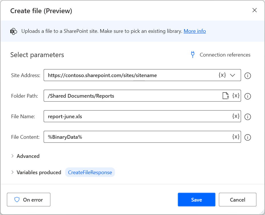 Skærmbillede af SharePoint-handlingen Opret fil.