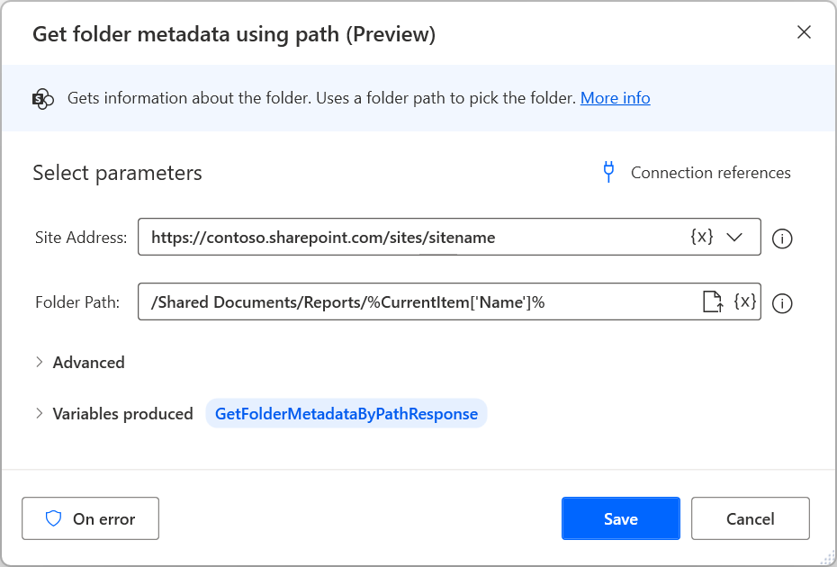 Skærmbillede af den anden handling Hent mappemetadata ved hjælp af sti.