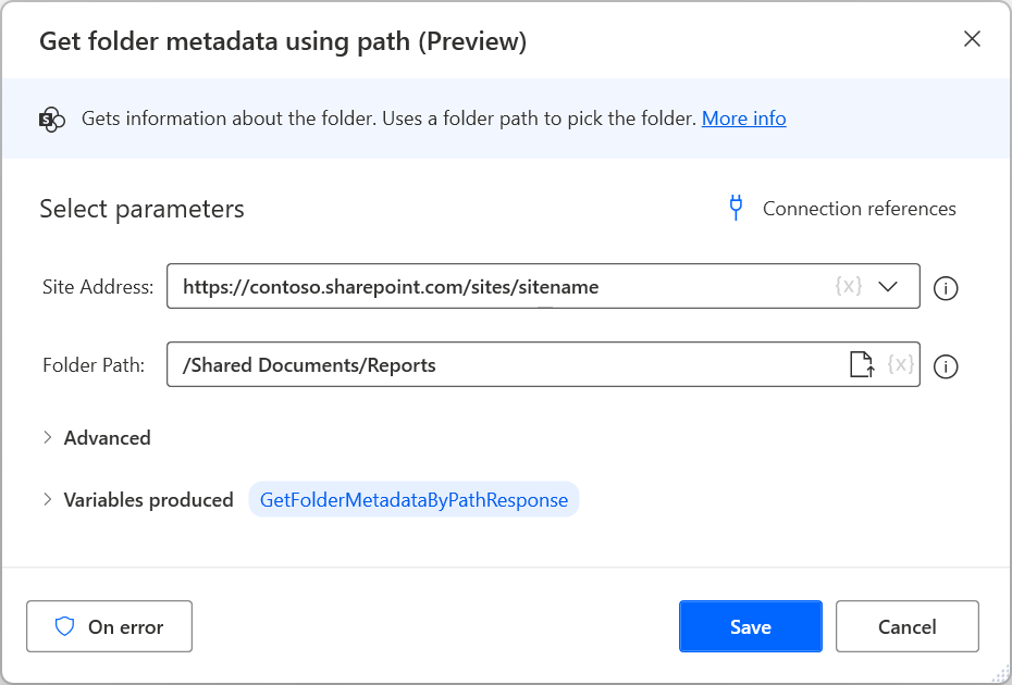 Skærmbillede af handlingen Hent mappemetadata ved hjælp af sti.