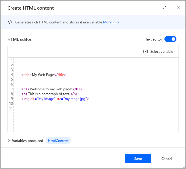 Skærmbillede af teksteditoren i handlingen Opret HTML-indhold.