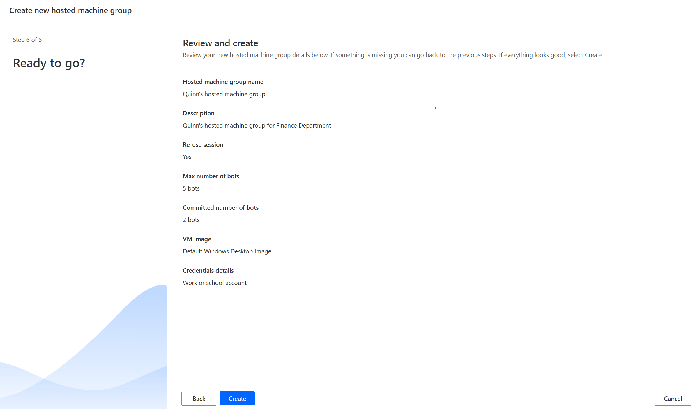 Skærmbillede af oprettelsesguiden til den hostede maskingruppe.