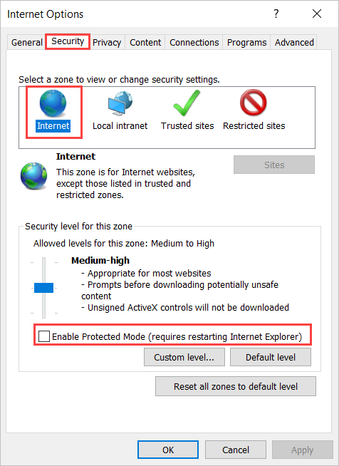 Skærmbillede af fanen Sikkerhed i Internet Explorer-indstillinger.