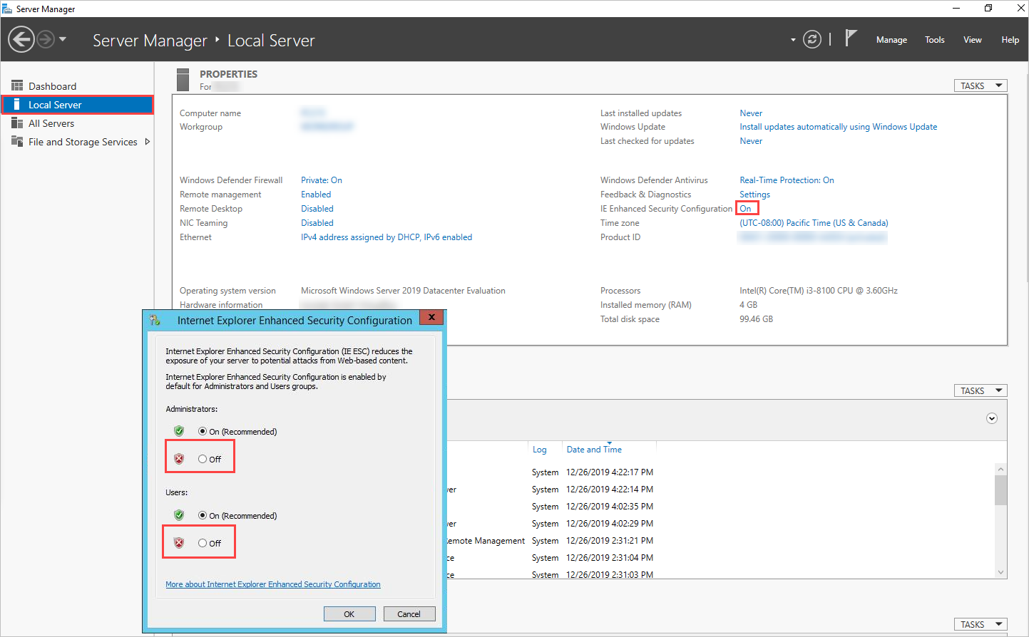 Skærmbillede af funktionen IEESC under Internet Explorer-indstillingerne for lokal server.